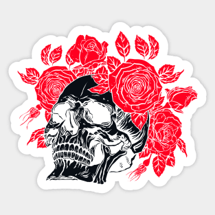 Skull with floral. Red Roses wreath Sticker